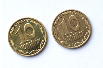 the obverse of a 2019, 2013 Ukrainian 10-kopeck coin that was in circulation and has small scuffs...