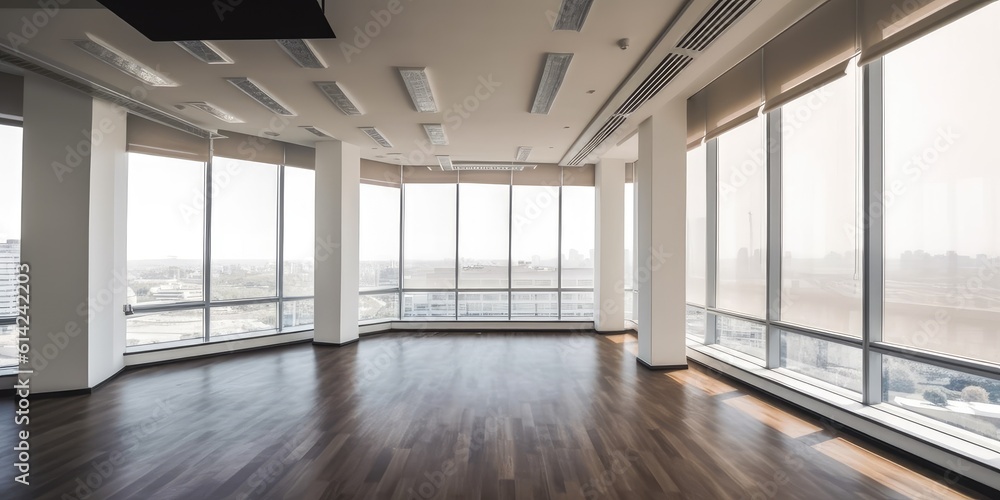 Aufkleber empty space in office with large window overlooking city center. generative ai aig18.