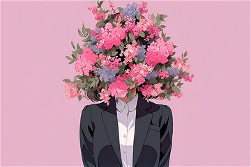 A woman in a business suit with flowers instead of her head on a pink background, drawing style illustration..