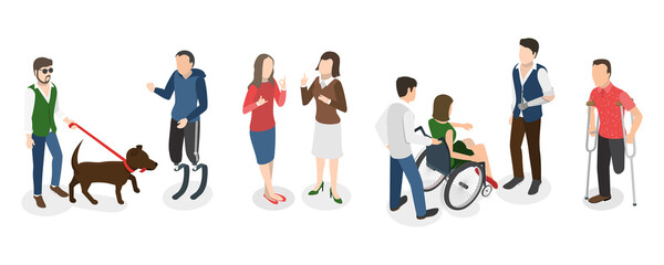 3D Isometric Flat  Conceptual Illustration of People with Different Types Of Disabilities