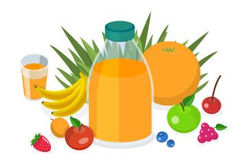 3D Isometric Flat  Conceptual Illustration of Fruit Juice
