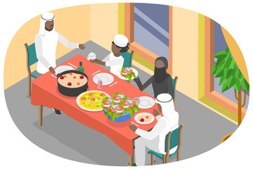 3D Isometric Flat  Conceptual Illustration of Traditional Arabic Family