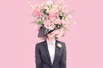 A woman in a business suit with flowers instead of her head on a pink background, drawing style illustration.