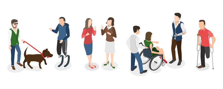 3D Isometric Flat  Conceptual Illustration of People with Different Types Of Disabilities