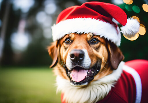 Dog wearing santa claus hat on christmas background. Generative AI