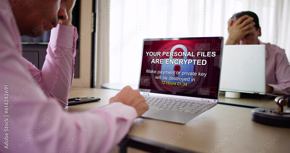 Poster ransomware malware attack. business computer hacked
