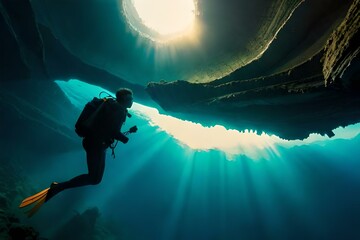 Scuba deep sea diver swimming in a deep ocean cavern . Underwater exploration. Into the abyss 02. Generative AI