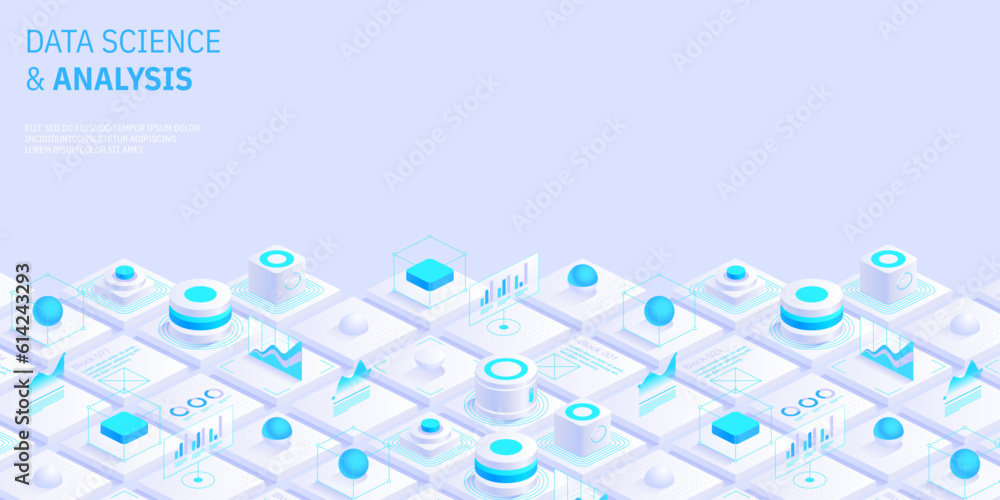 Poster modern isometric design concept of data science and analysis. technology background. illustration fo