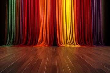 Rainbow stage curtains velvet curtains and wooden stage floor.