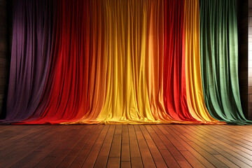 Stage curtains in rainbow colors, wooden stage floor