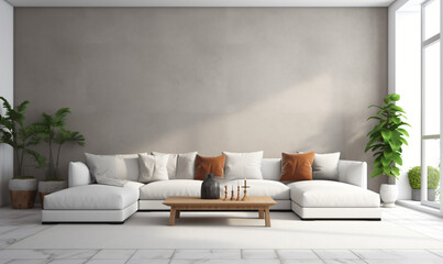 modern apartment with white sofa, coffee table, vases on neutral white wall, in the style of light grey