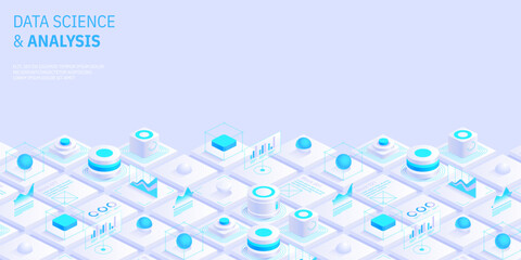 Modern isometric design concept of data science and analysis. Technology background. Illustration for websites, landing pages, mobile applications, posters and banners