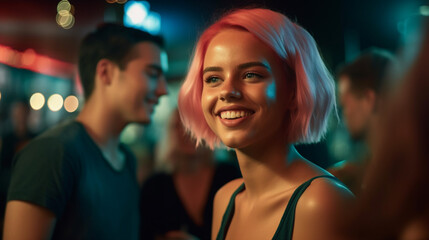Fototapeta premium young adult woman is in a bar at night, nightlife and going out, meeting people and partying, partying and having fun, out with friends, fictional location