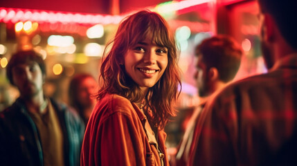 Fototapeta premium young adult woman is in a bar at night, nightlife and going out, meeting people and partying, partying and having fun, out with friends, fictional location