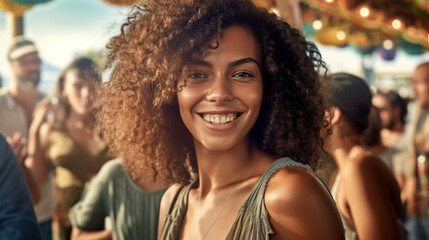 Fototapeta premium caucasian people, in a beach bar or beach cafe or beach restaurant, people spend their free time outside by the water, fictional place