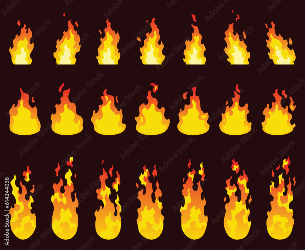 Poster fire animation sprites. set of red and orange fire flame. flames of different shapes. collection of 