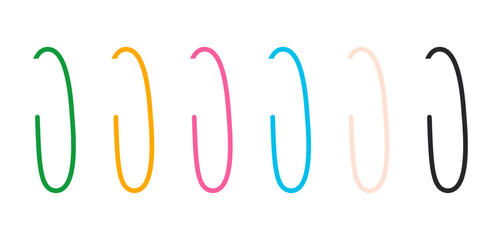 Colorful paper clips set attached to paper. Stationery clip art. Vector illustration isolated on white background