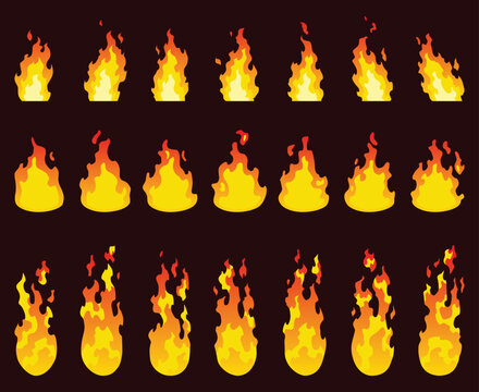 Fire animation sprites. Set of red and orange fire flame. Flames of different shapes. Collection of hot flaming element for game animation. Vector icons in cartoon style