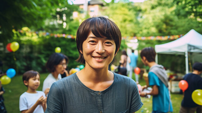 asian young adult man at a garden party with family and friends, kids and siblings
