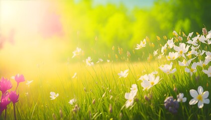 Obraz na płótnie Canvas Blossoming Serenity: Blurred Spring Meadow Blooms