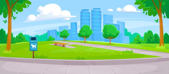 Landscape view of a pet-friendly public park with a pet waste disposal station. Empty park designed for people walking their animals with a box of dog poop bags installed. Cartoon vector illustration