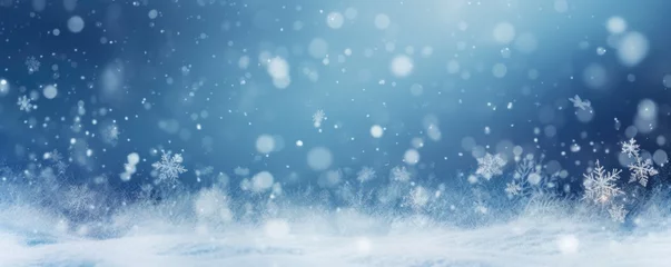 Deurstickers Beautiful winter snow background banner with snowdrifts, with beautiful light and snow flakes on the blue sky. Ai generative. © Nataly