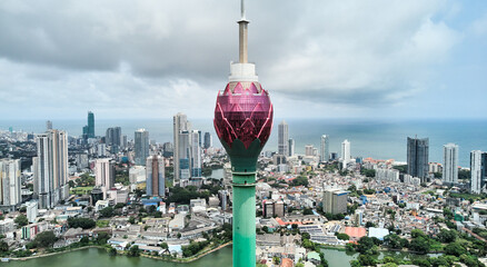 Aerial view of the main attraction, the Lotus Tower in the capital of Sri Lanka, Colombo.  - obrazy, fototapety, plakaty