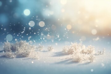 Fototapeta na wymiar Beautiful winter snow background with snowdrifts, with beautiful light and snow flakes on the blue sky. Ai generative.