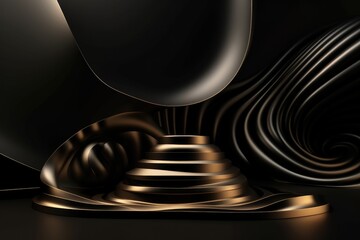 Beautiful black abstract luxury background with texture of wavy lines with golden elements. Ai generative.