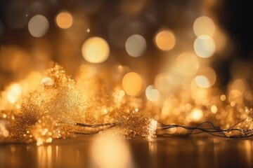 Beautiful abstract defocused Christmas background. Golden Christmas lights sparkle. Ai generative.