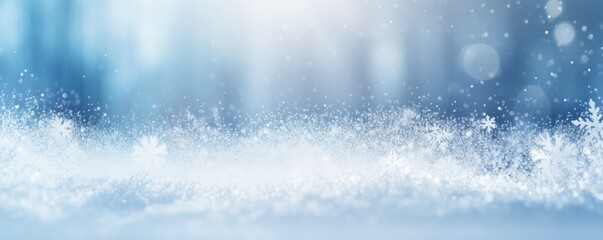 Beautiful banner winter snow background with snowdrifts, with beautiful light and snow flakes on the blue sky. Ai generative.