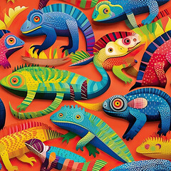 Cartoon lizards cute funny seamless repeat pattern tropical Mexican [Generative AI]
