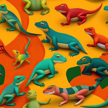 Cartoon lizards cute funny seamless repeat pattern tropical Mexican [Generative AI]

