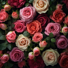 Obraz na płótnie Canvas Illustration, Generative AI, realistic roses of different colors, beautiful floral background, top view.