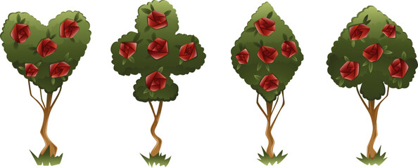 green bushes trees with red roses in shapes of cards. Club, diamond, heart, and spade