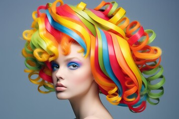 Naklejka premium Illustration of a woman with vibrant and colourful hair and makeup, photographed on a white background - created through generative AI created with Generative AI technology