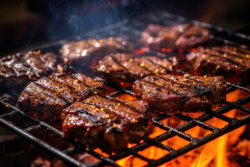 Closeup of grilled meat on a bbq grid. AI generative