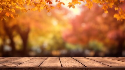 Naklejka na ściany i meble Empty table with Autumn background. Illustration AI Generative.