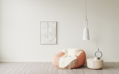 3d rendering of modern living room with armchair with blanket. Chandelier modern minimalist lamp cement. Decor plaster light, eco design. Beige abstract wave texture images art on wall. Frame mockup