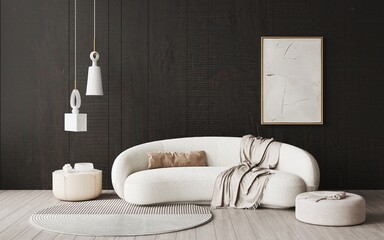 Fototapeta na wymiar 3d rendering of modern living room with semi circule white sofa with a blanket. Dark wooden decorative panels on the wall.Decor plaster light, eco design.Beige abstract wave texture images art on wall