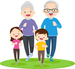 family exercising together For Good Health Grandfather grandmother father mother daughter son