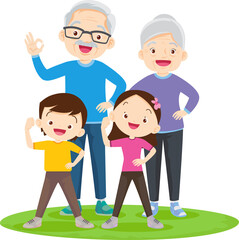 family exercising together For Good Health Grandfather grandmother father mother daughter son