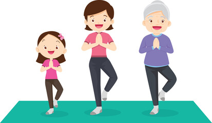 family exercising together For Good Health Grandfather grandmother father mother daughter son