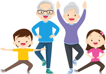 family exercising together For Good Health Grandfather grandmother father mother daughter son