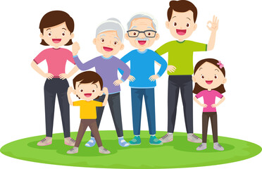 Obraz premium family exercising together For Good Health Grandfather grandmother father mother daughter son
