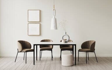 Spacious dining room with wooden table and chairs.Chandelier modern lamp cement. Empty room with texture wall for art.Background layout.Abstract texture geometric poster.3D illustration
