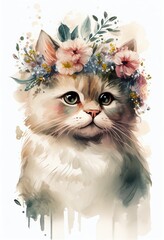 Watercolor cat baby portrait with flowers crown. Cute illustration vintage style. Animal cartoon drawing poster print. include "Generative AI"