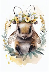 Beautiful watercolor honeybee baby portrait, great design with flowers crown. Cute wildlife animal cartoon drawing. Poster design bee Isolated white background.  include "Generative AI"
