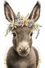 Cute donkey portrait with flowers crown. Watercolor baby animal print. Beautiful wildlife animal include "Generative AI".  Funny mammal character nature wild. Watercolor beauty baby mule