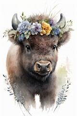 Watercolor bison cow portrait with flowers crown. Cartoon Cute character wildlife bull animal drawing Isolated white background. include "Generative AI"